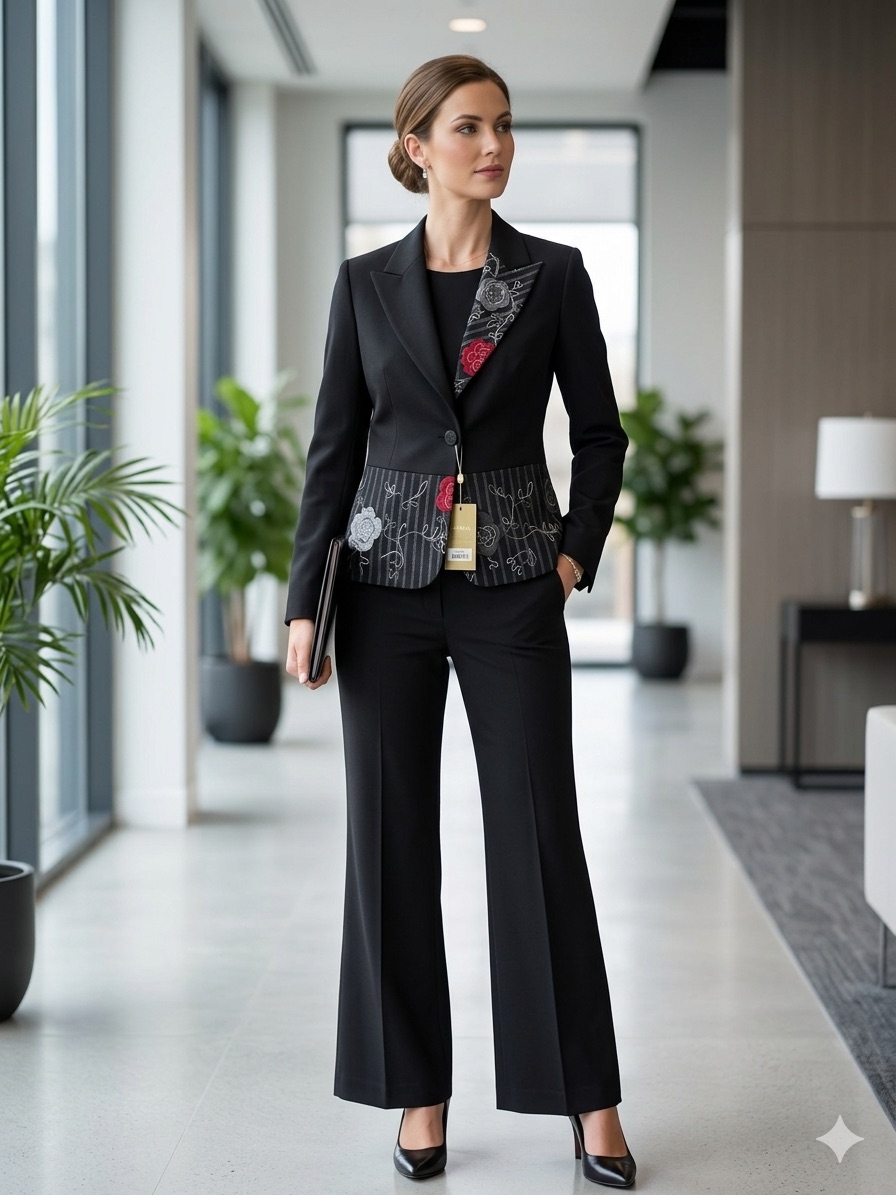 Black Blazer/Wide-Leg Pants Set With Floral Accent Wool Blend Lined Pants Suit